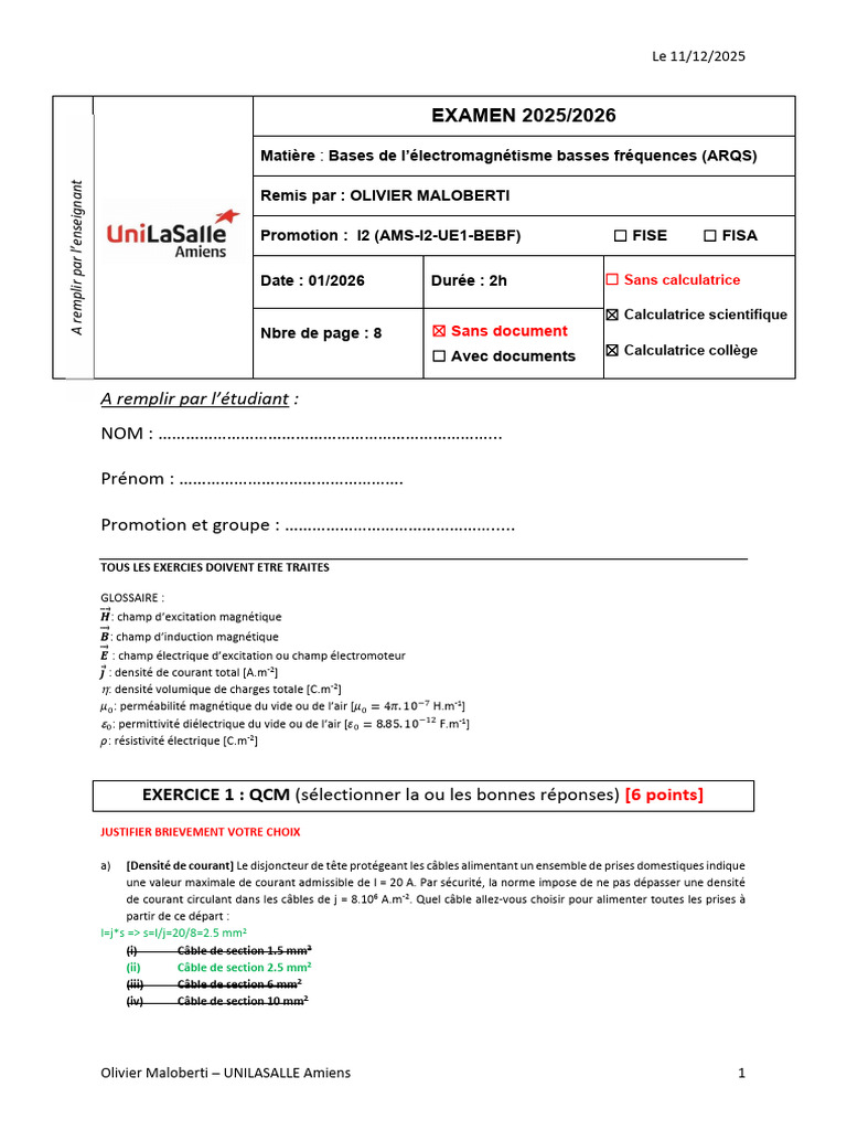 Correction Exam I2 Bem Ams-i2-Ue1-Bebf 2025-2026 2 | PDF | Champ ...