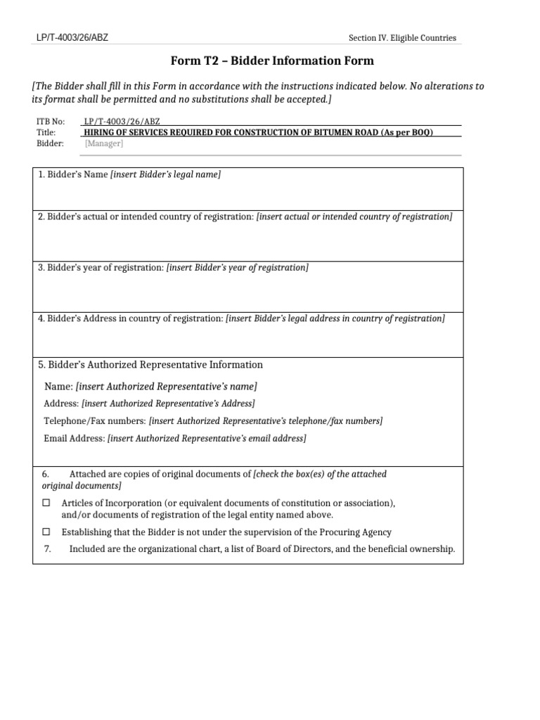 Form T2 - Bidder Information Form | PDF
