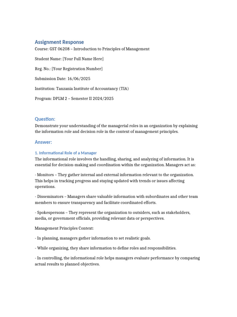 Managerial Roles Assignment TIA | PDF | Business | Economies