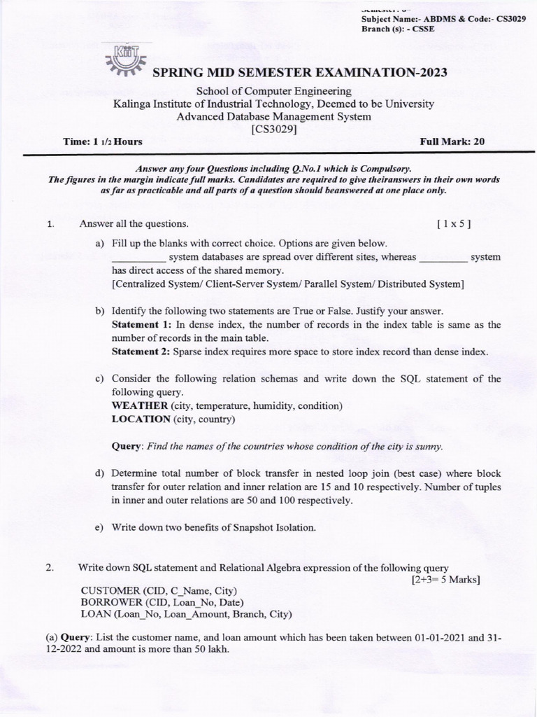 Advanced Database Management System, CS 3029 - Spring Mid Semester ...
