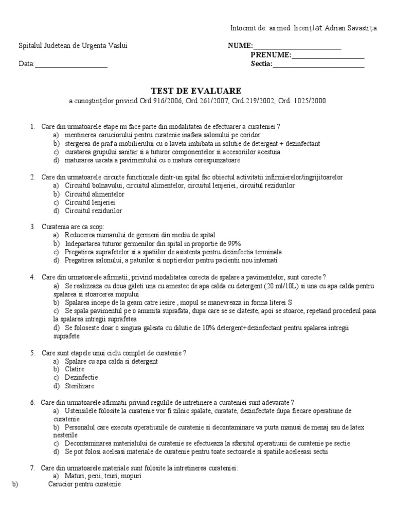 Teste Grila Registrator Medical Cu Raspunsuri Test Grila Ingrijitoare Curatenie Spital Cu Raspunsuri