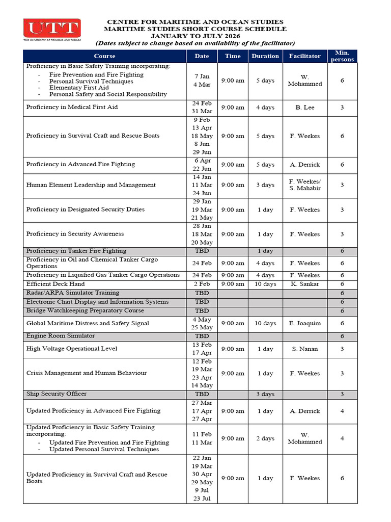 STCW Short Course Schedule - Jan To Jul 2026 | PDF | Shipping | Water ...