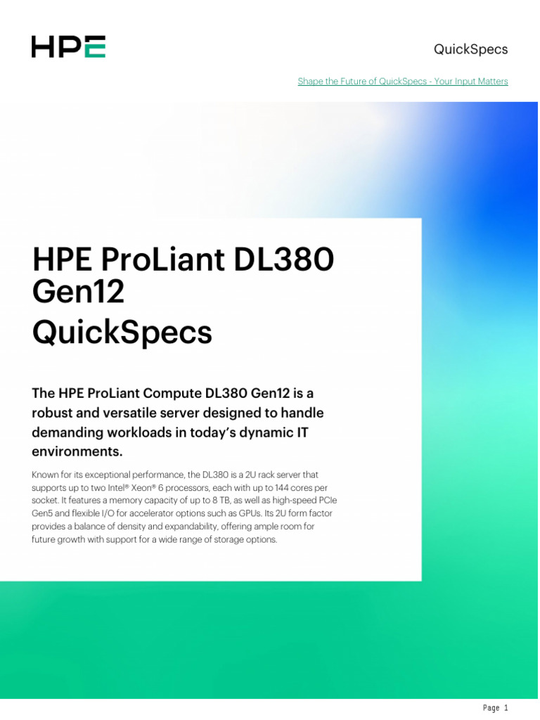 HPE ProLiant DL380 Gen12 QuickSpecs | PDF | Data Center | Solid State Drive