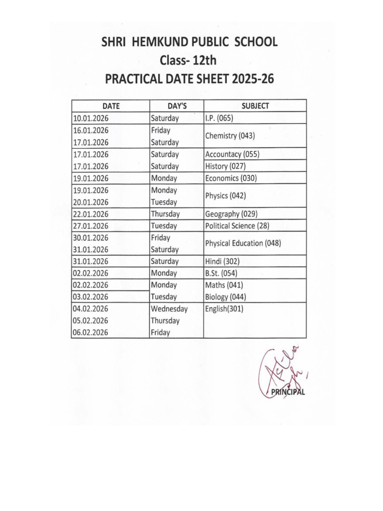 Practical Datesheet 2 | PDF