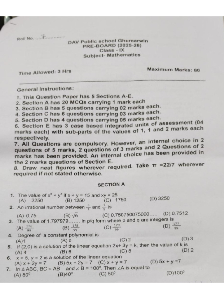Math Class 9 Full Paper | PDF