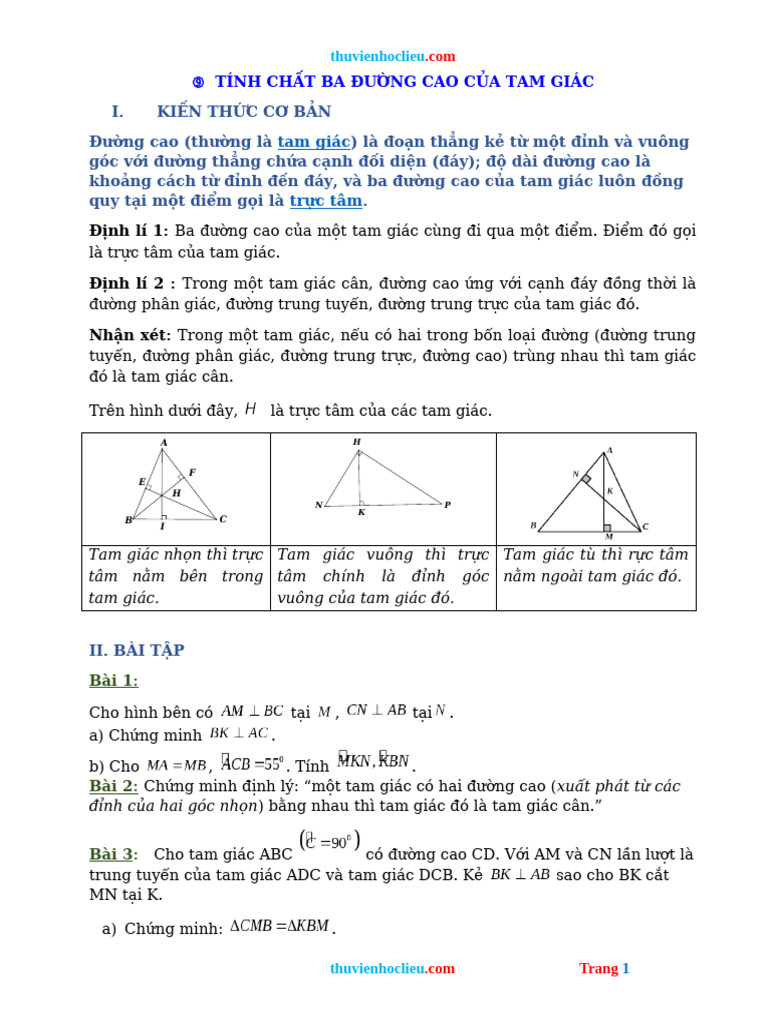 Bai Tap Hinh Hoc 7 Tinh Chat Ba Duong Cao Cua Tam Giac | PDF