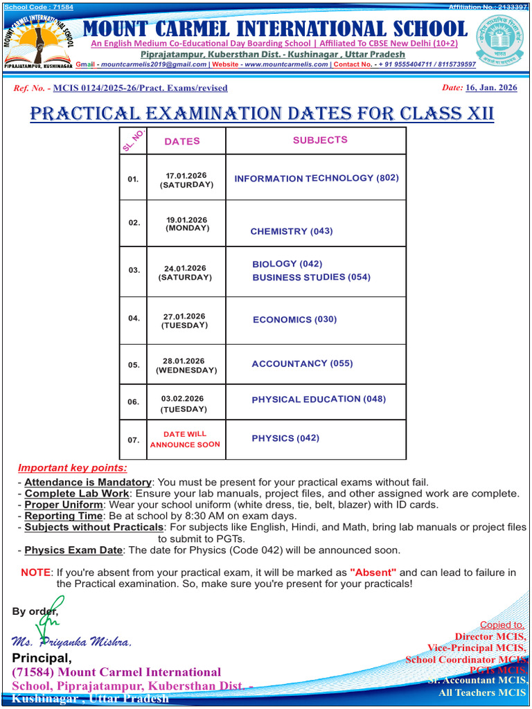 Revised Datesheet Practical Exam CL 12 2025 26 | PDF
