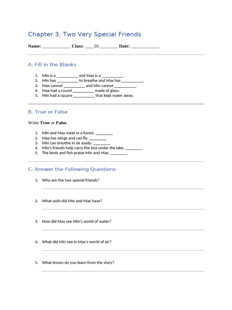 Two Very Special Friends Class 1 Worksheet | PDF