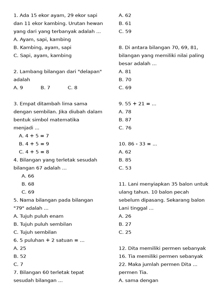 Latihan Soal Sat MTK Kelas 1 | PDF