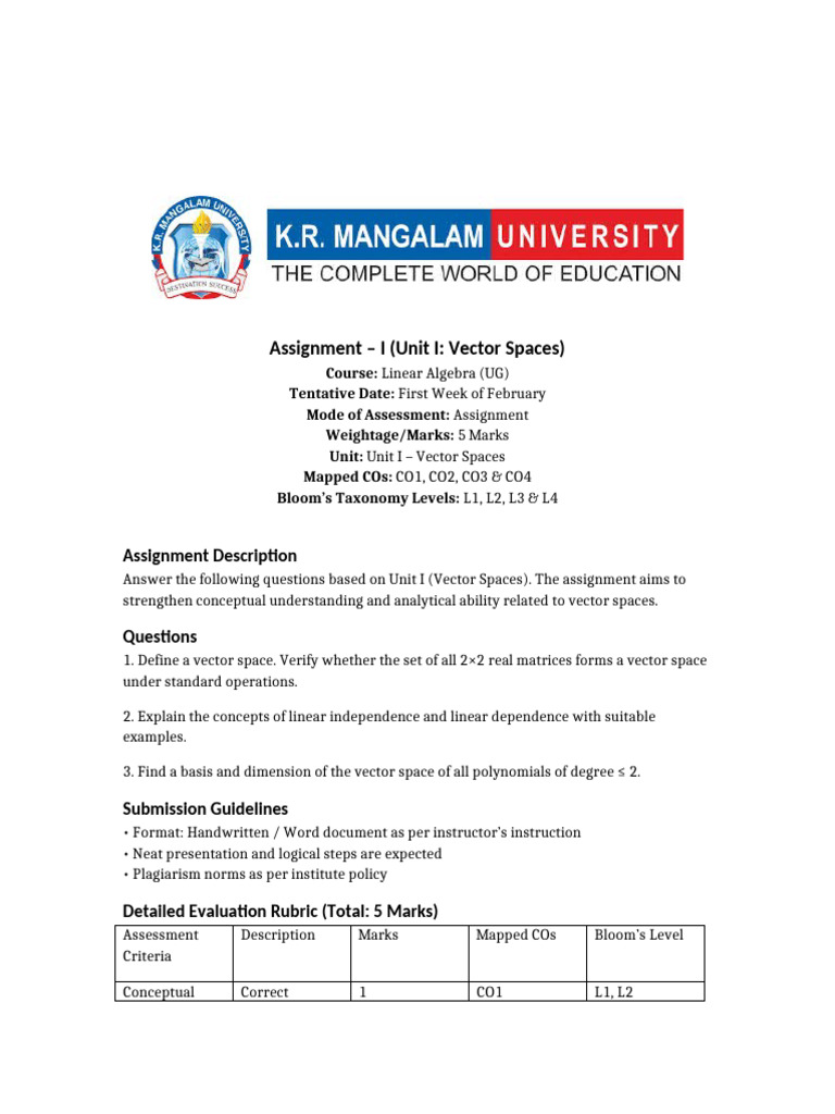 Assignment Unit I Vector Spaces | PDF