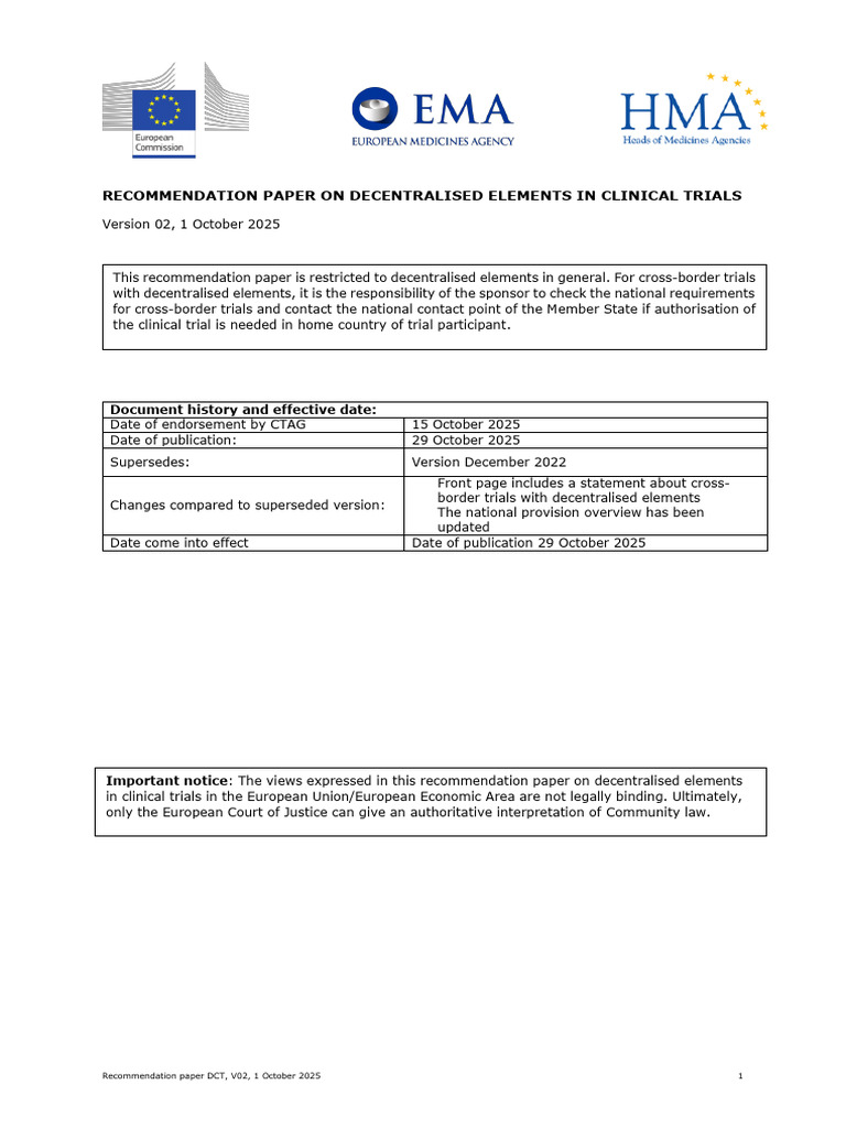 Recommendation Paper On Decentralised Elements in Clinical Trials | PDF ...