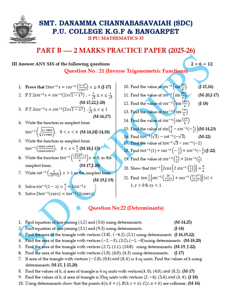 Ii Pu Mat Part B - 2 Marks 2025-26 | PDF | Chess | Functions And Mappings