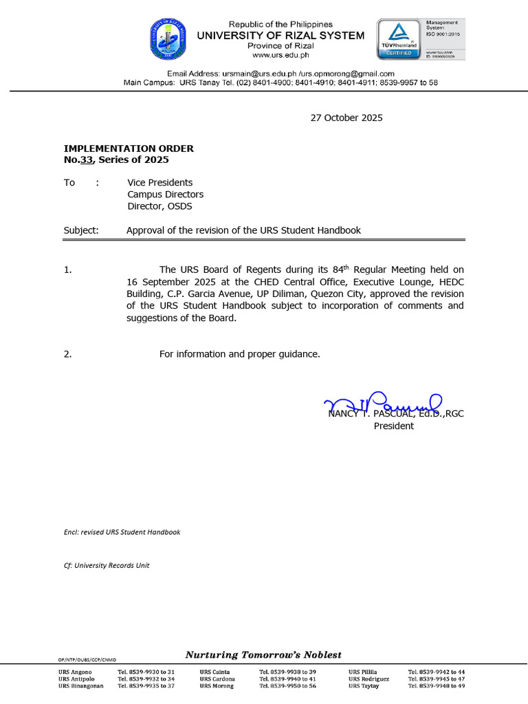 Implementation Order No. 33 Series of 2025 Approval of Revised URS ...