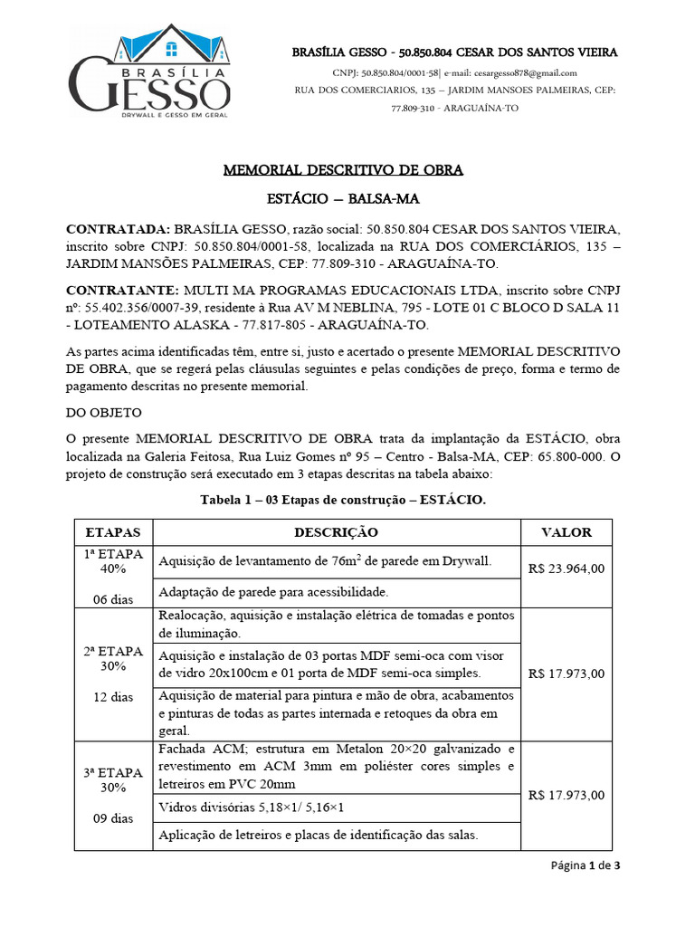 Memorial Descritivo de Obra - Estácio - Balsas-Ma | PDF
