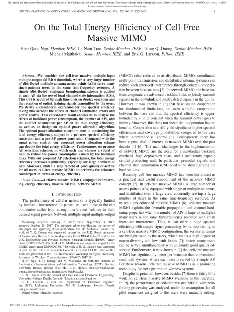 On The Total Energy Efficiency of Cell-Free Massive MIMO | PDF | Mimo ...