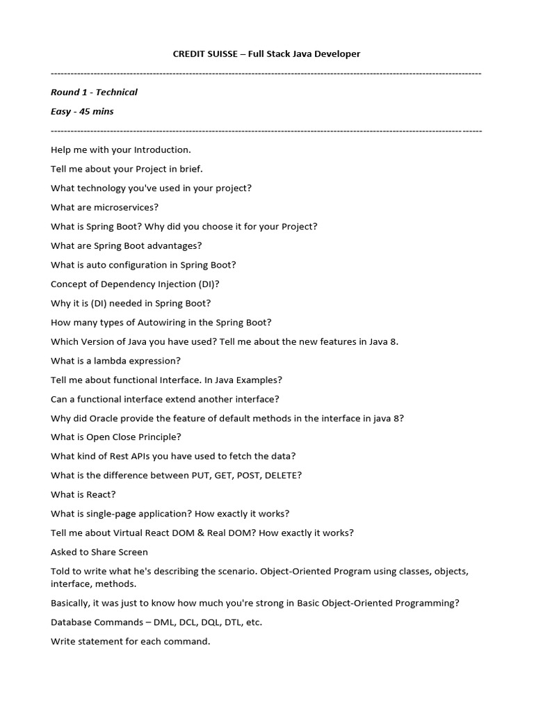 Credit Suisse Interview Questions | PDF | Databases | Java (Programming ...
