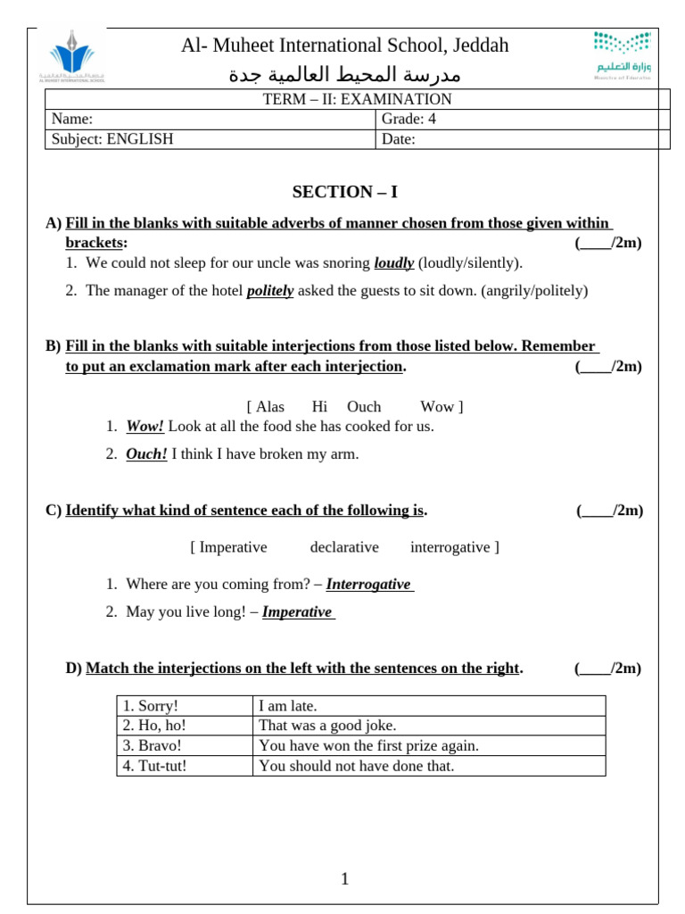 GR 4 Term II Question Paper Solved | PDF | Subject (Grammar) | Verb