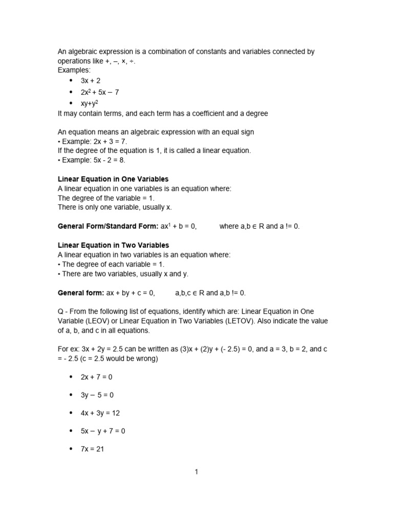 Linear Equation in Two Variables | PDF | Equations | Variable (Mathematics)
