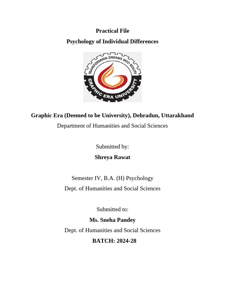 Practical File Psychology of Individual Differences: Department of ...