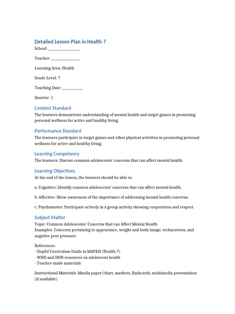 Detailed Lesson Plan Grade7 MentalHealth | PDF | Learning | Adolescence