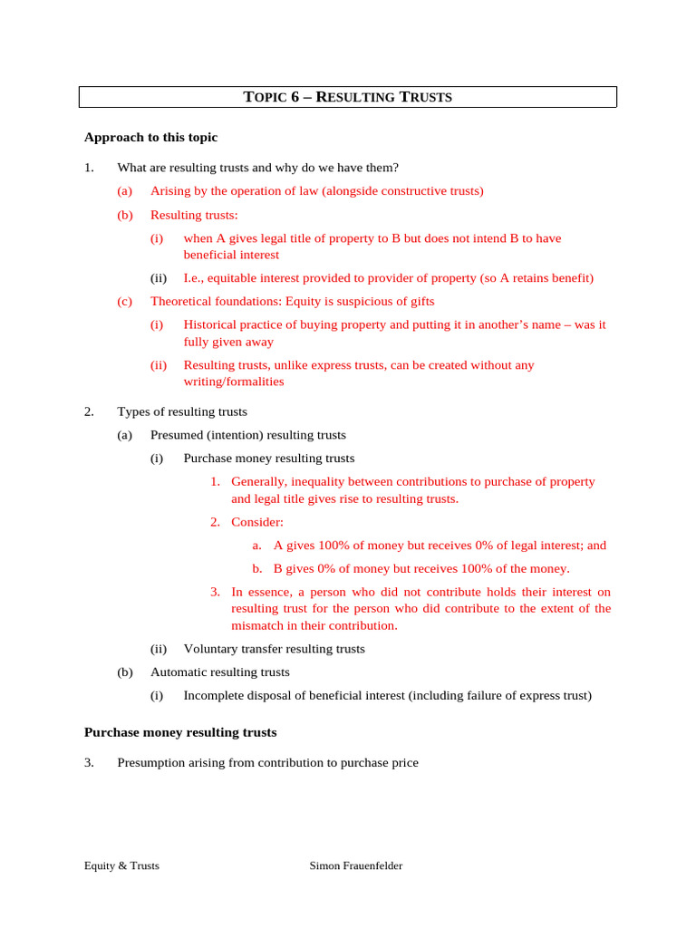 Topic Outline 6 - Resulting Trusts | PDF | English Trust Law | Natural ...