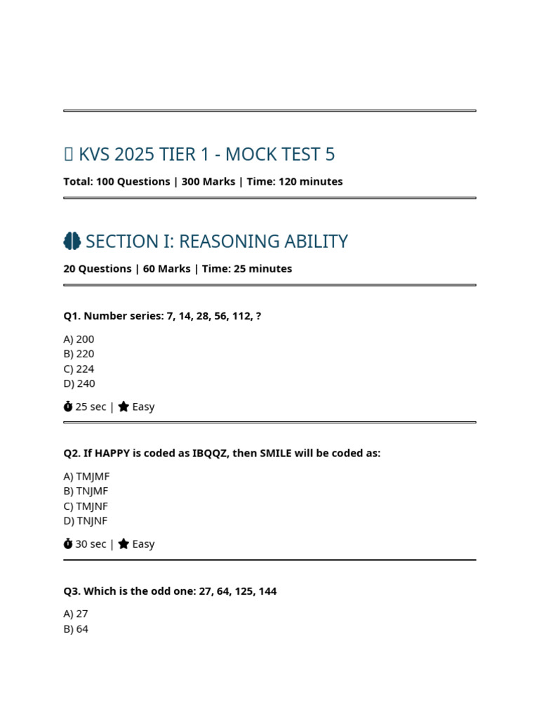 Kvs 2025 Tier 1 - Mock Test 5: Total: 100 Questions - 300 Marks - Time ...