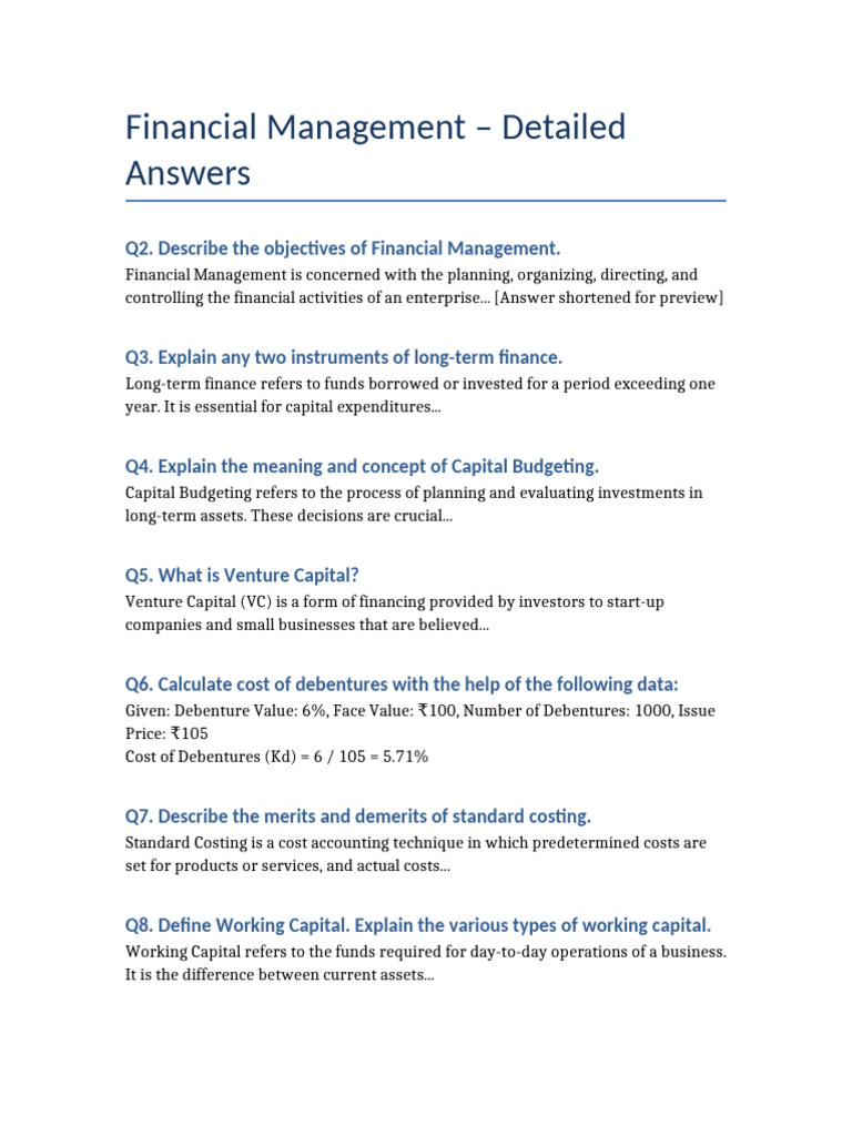 Financial Management Detailed Answers | PDF