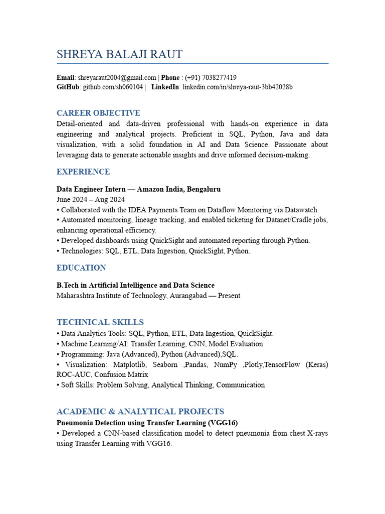 Shreya Raut Data Analyst Resume | PDF | Artificial Intelligence ...
