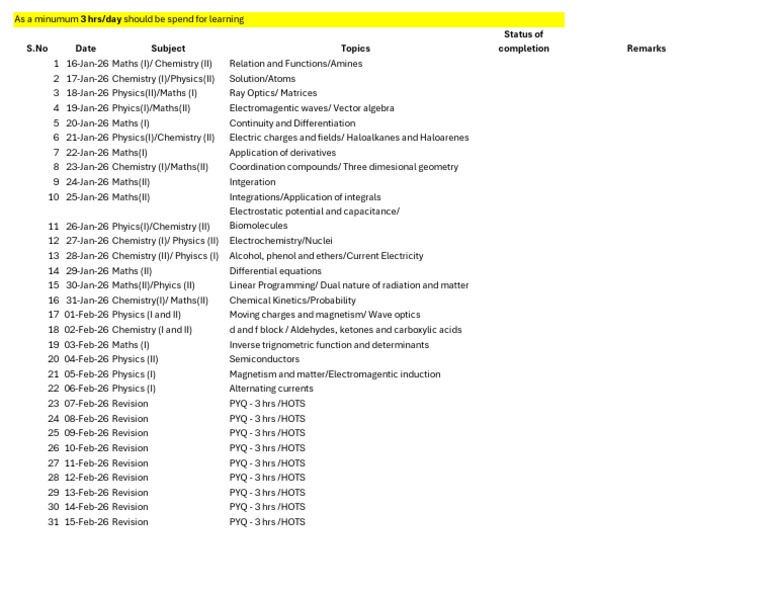 Study Plan 2026 (PCM) - Final | PDF | Chemistry | Physics