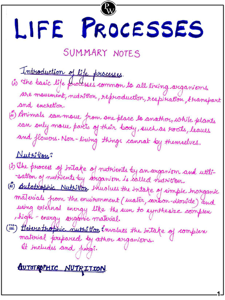 Life Processes Handwritten Notes | PDF