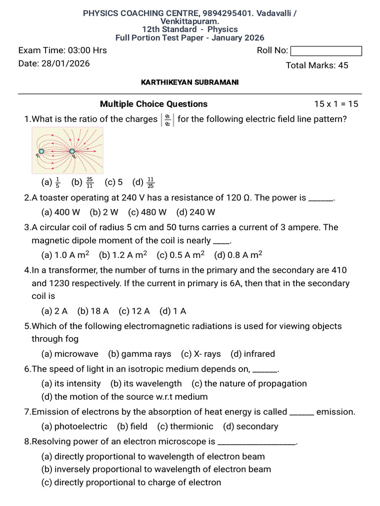 Physics - Full Portion Test Paper - January 2026 | PDF | Electron ...