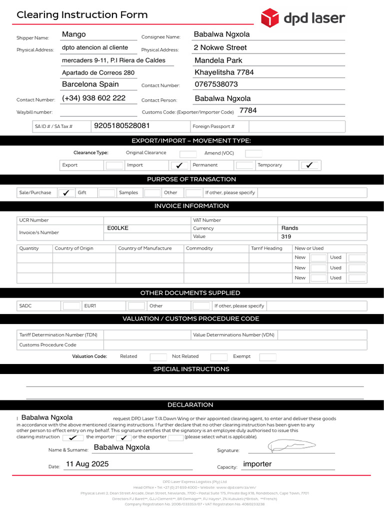 Mango Clearing Instruction Form - DPD Laser 2023 2 | PDF | Customs ...