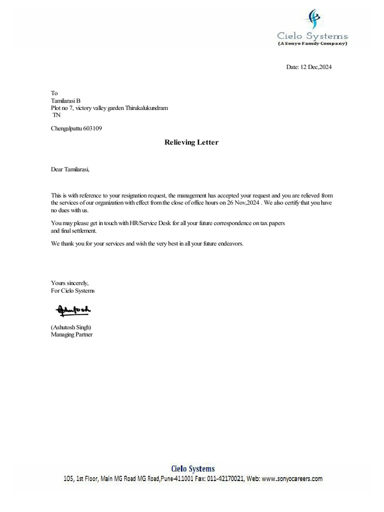 CS-128-B Tamilarasi - Relieving Letter - Cielo Systems | PDF