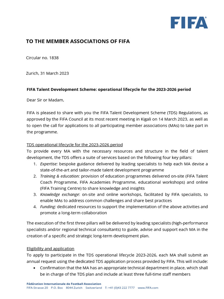 #1838 - FIFA Talent Development Scheme - Operational Lifecycle For The ...