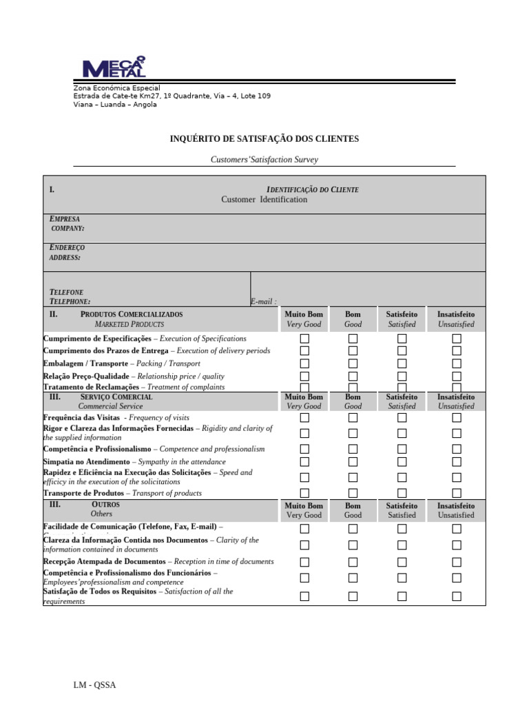 MODELO DE INQUÉRITO de Satisfação de Clientes #1 | PDF