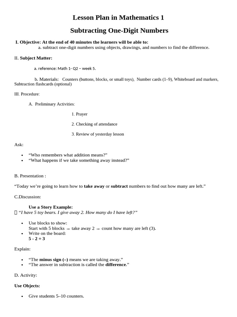 Lesson Plan in Mathematics 1 | PDF