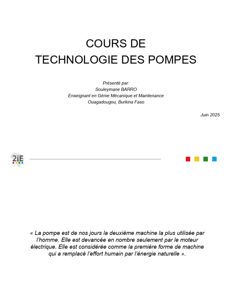 Cours Technologie Des Pompes - Juin 2025 | PDF | Pompe | Machine
