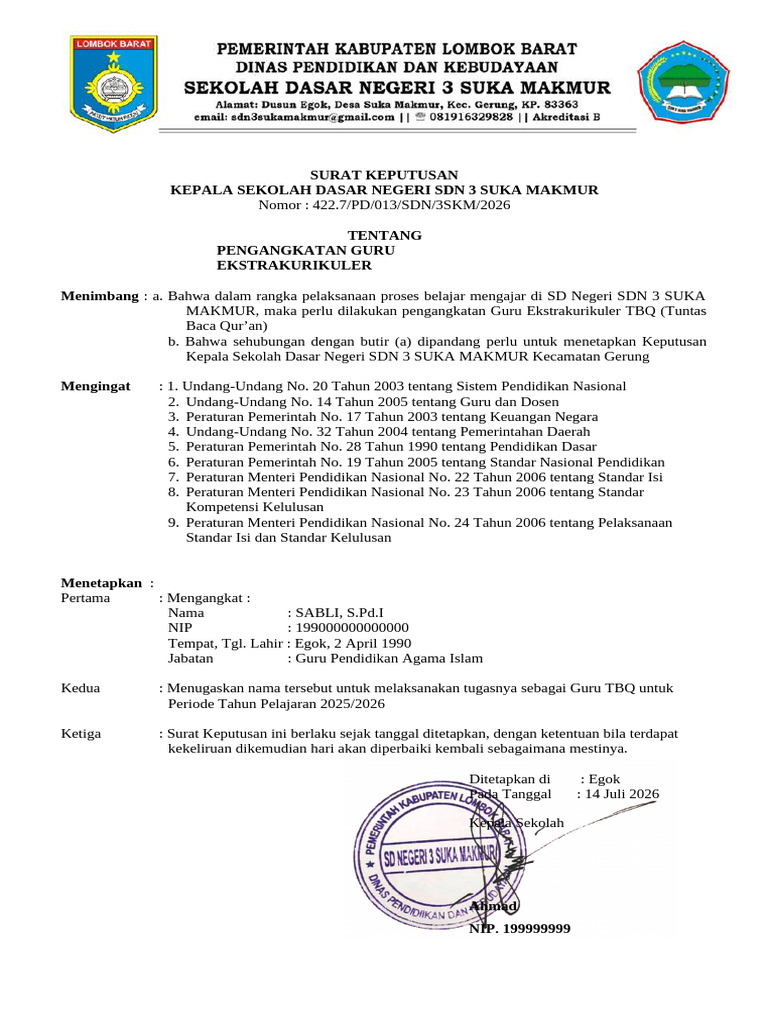Contoh SK TBQ Siaga Pendis | PDF