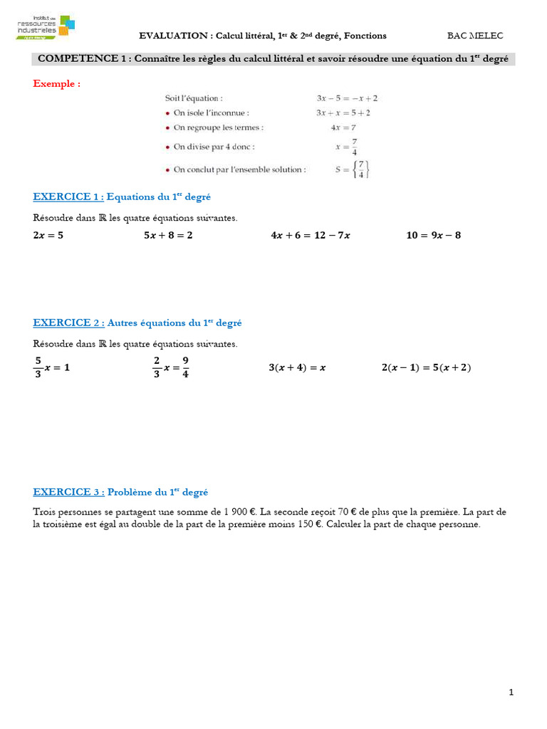 TD3 Fonctions, 1er Et 2nd Degré - BAC Melec - 11.04.2024 | PDF ...