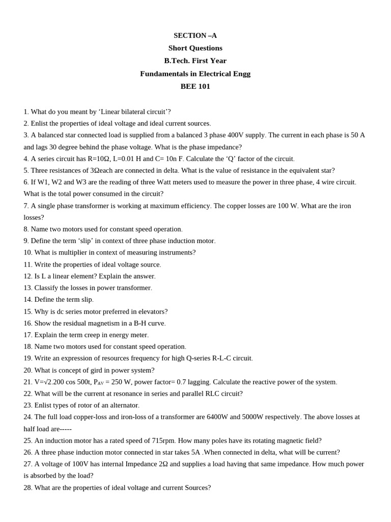 Short Questions in BEE 101 | PDF | Transformer | Inductor