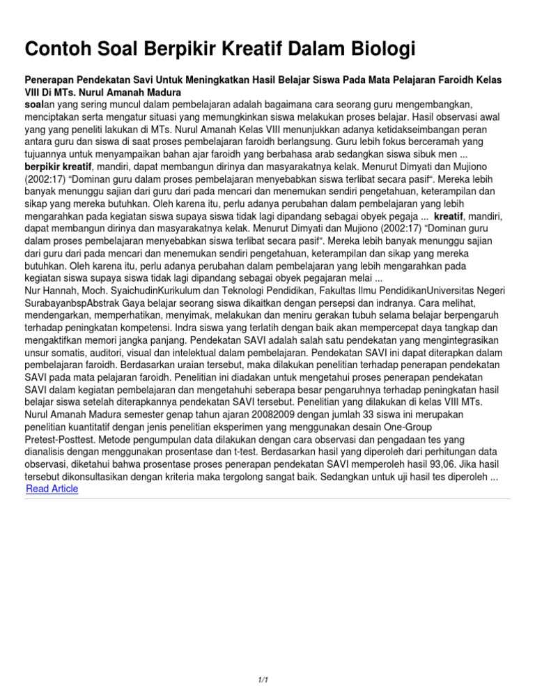 Contoh Soal Berpikir Kreatif Dalam Biologi