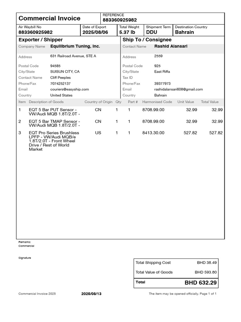 ESUS275204828 Commercial Invoice | PDF