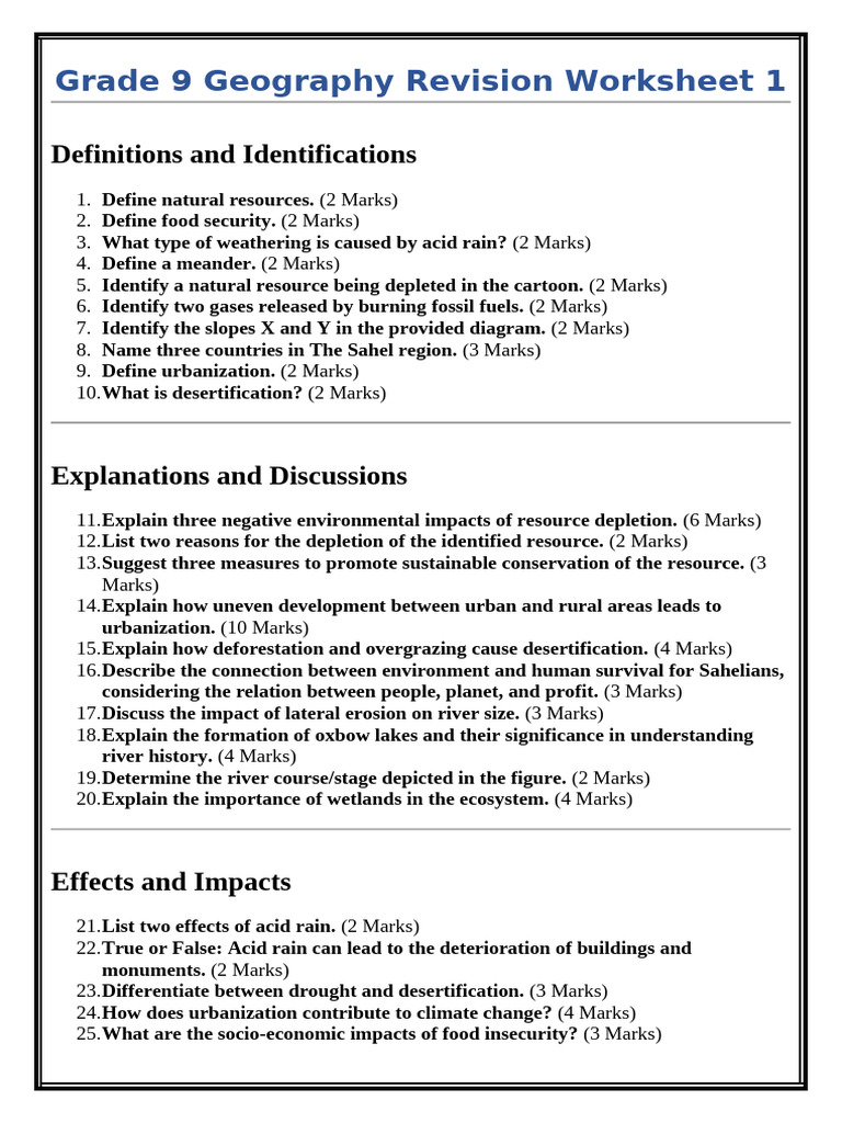 Grade 9 Geography Revision Worksheet 1 | PDF | Urbanization | Climate ...