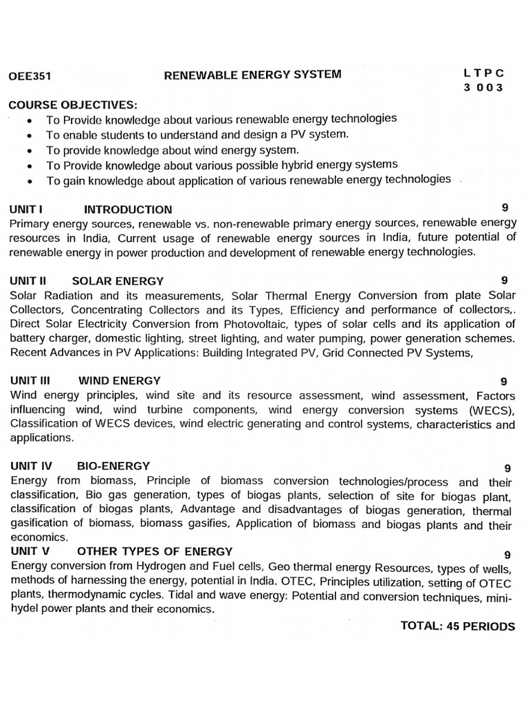 OEE351 Renewable Energy System Syllabus | PDF