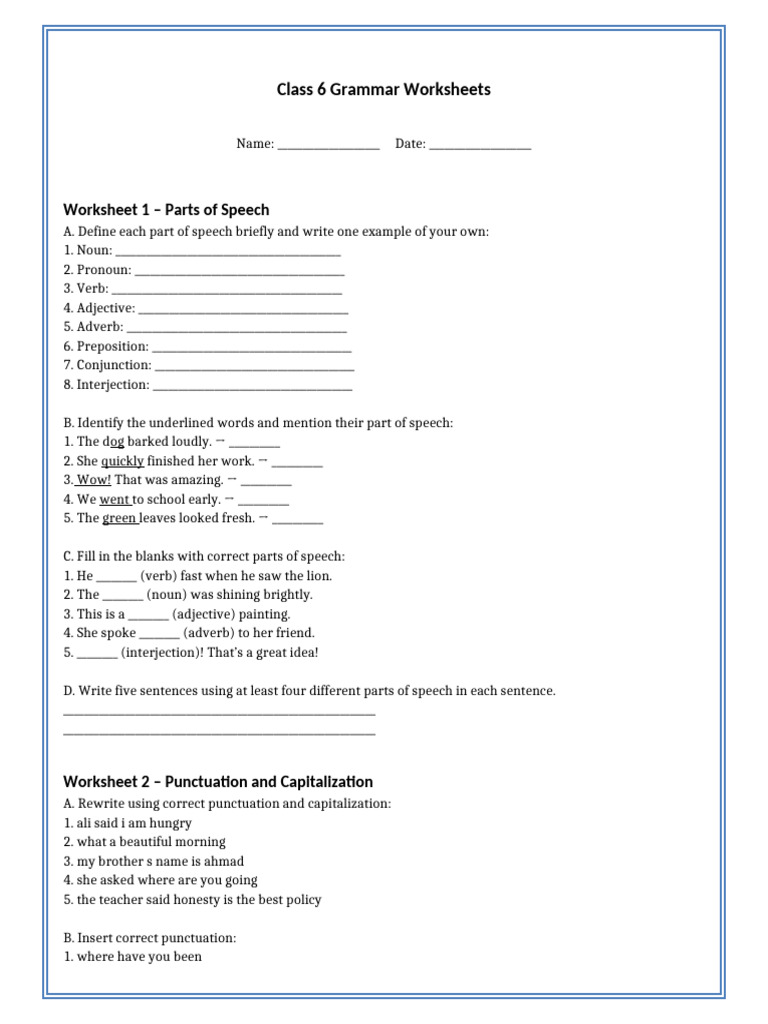 Class 6 Grammar Worksheets | PDF | Part Of Speech | Adverb