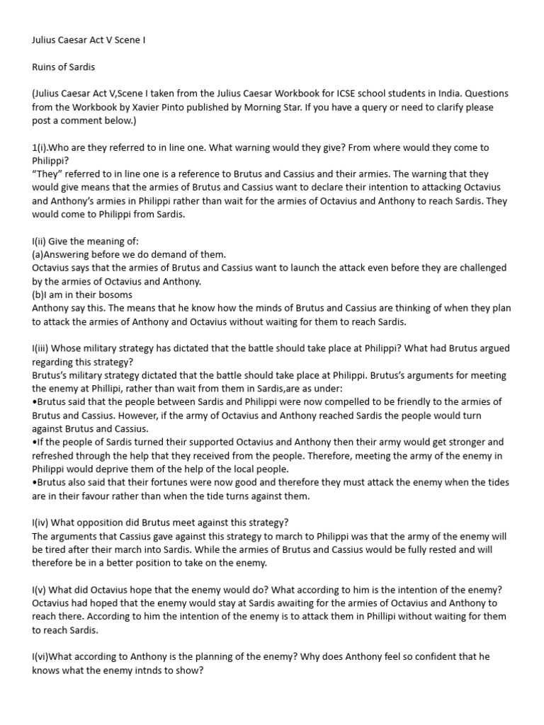 Julius Caesar Act 5 Scene 1 Workbook Notes | PDF