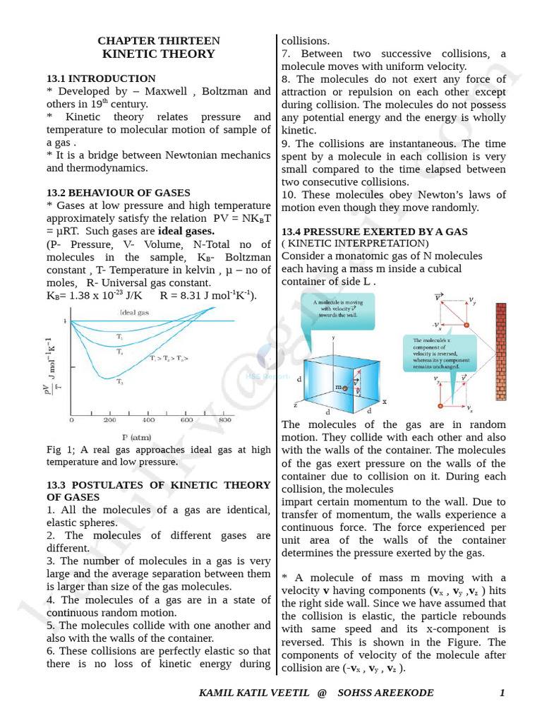 HSSRPTR Chapter 13 Notes Kinetic Theory 1 | PDF | Gases | Temperature