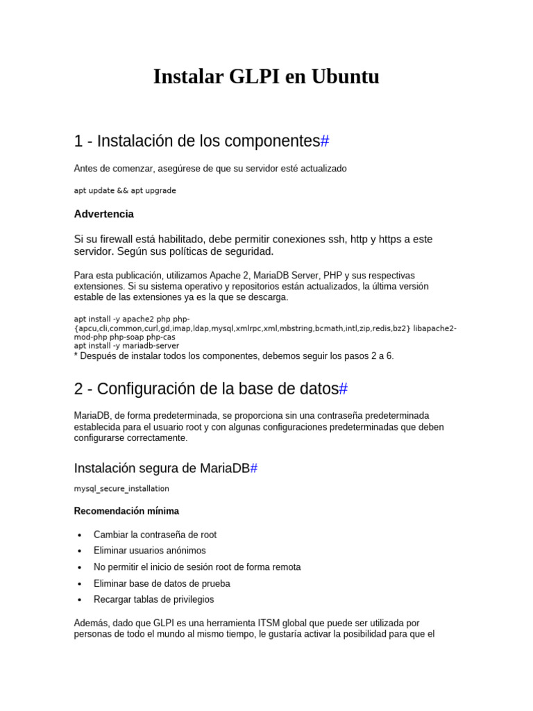 Instalar GLPI en Ubuntu Server | PDF | Mi sql | Php