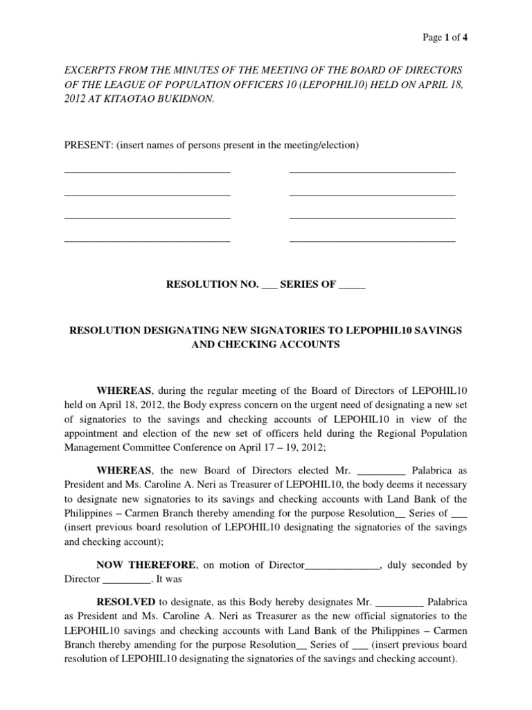 Board Resolution LEPOPHIL10 Change of Signatories | Signature | Board