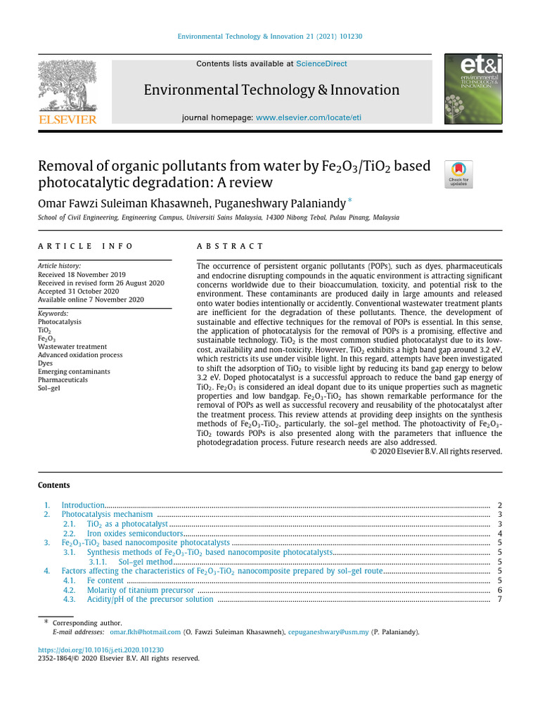 Removal of Organic Pollutants From Water by Fe2O3-TiO2 Based ...